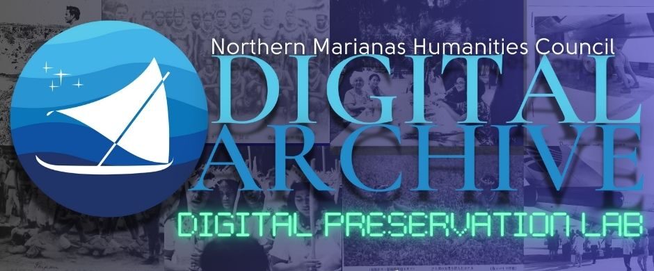 A blue banner featuring a logo with a white proa sailing canoe against a background of waves in gradients of blue next to the words "Digital Archive Digital Preservation Lab" laid over old black and white historic photographs.